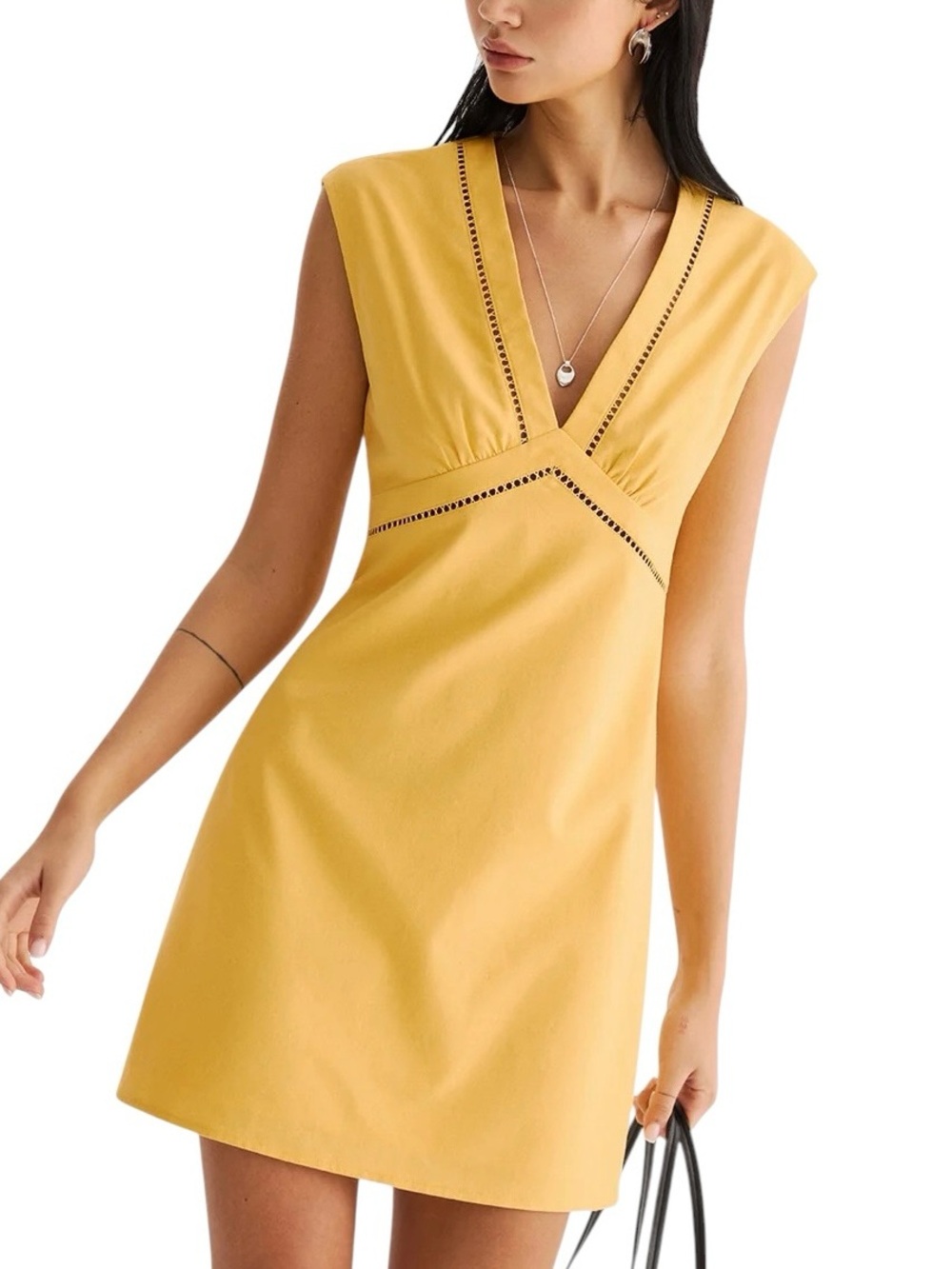 Commense Linen Blend Eyelet Trim Yellow Mini Dress XS NWT